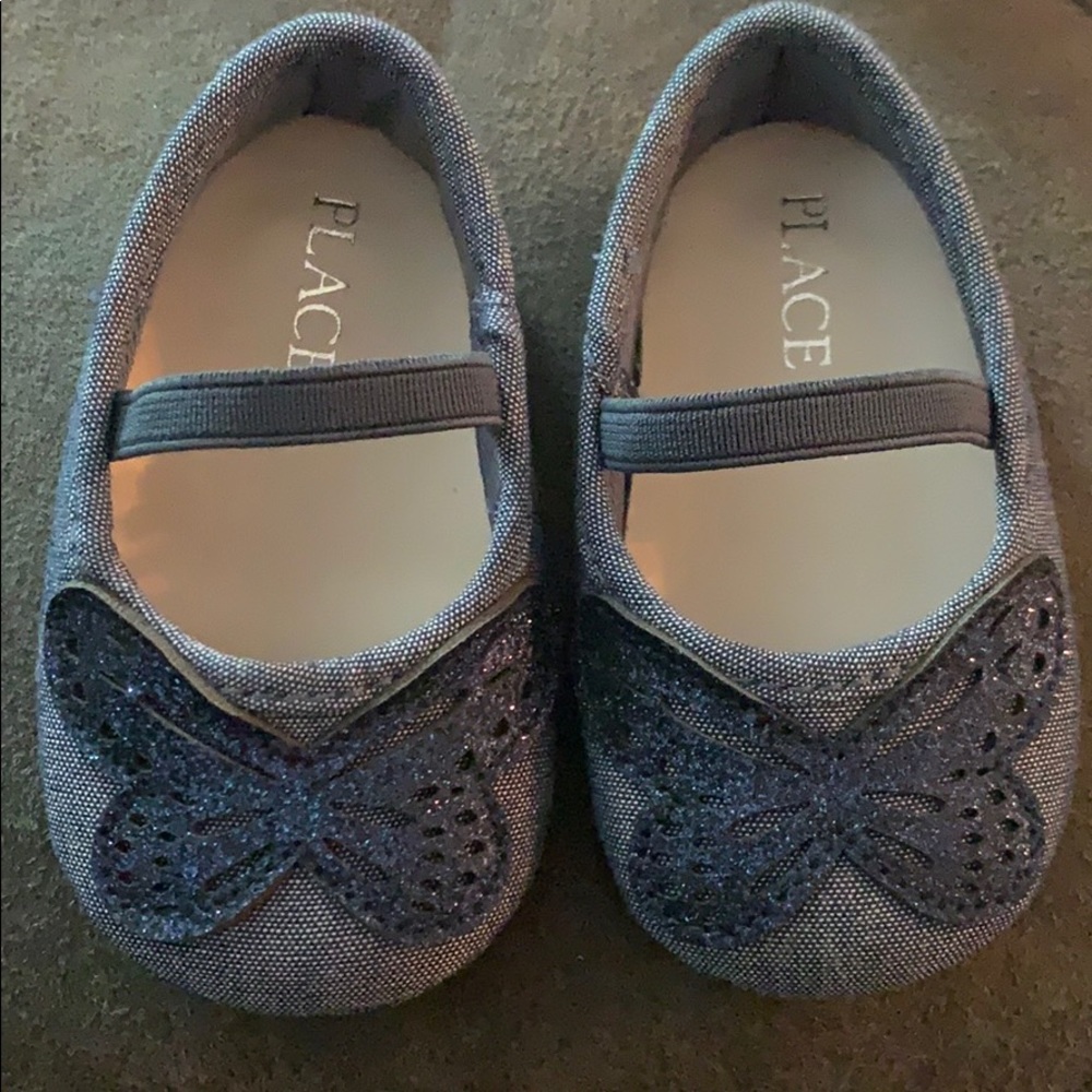 Blue jean flats with glitter butterfly